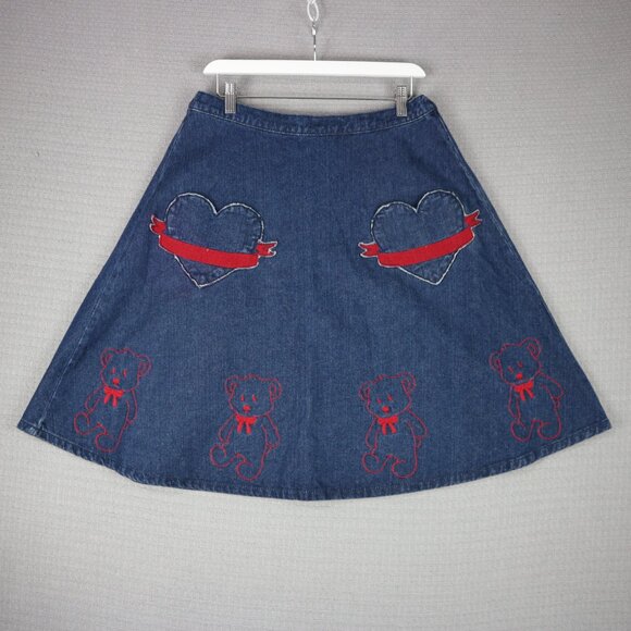 Candy Stripper Japan Embroidered Bear Hearts Denim Skirt - Picture 3 of 8